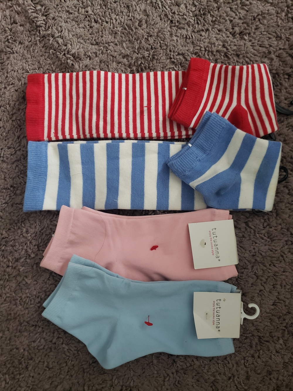 Striped & Solid Footless Socks Pack - Red, Blue, Pink, Light Blue